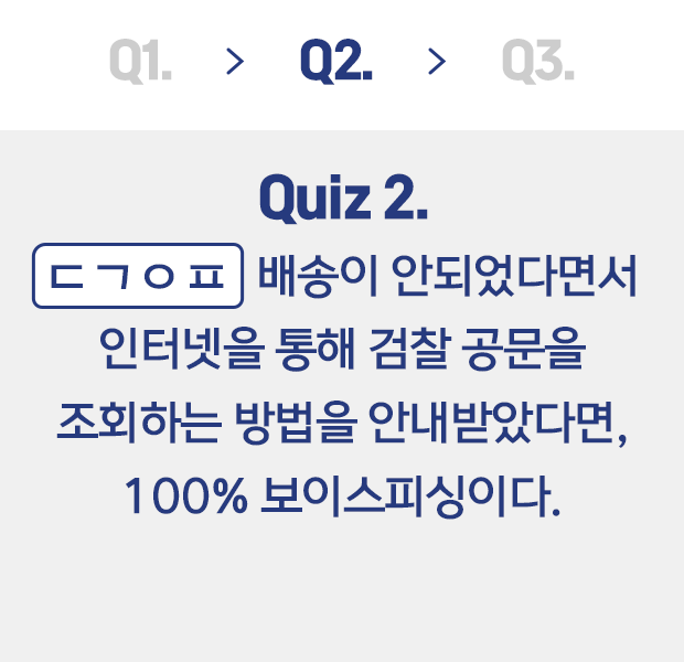 Quiz2. ㄷ ㄱ ㅇ ㅍ 배송이 안되었다면서 인터넷을 통해 검찰 공문을 조회하는 방법을 안내받았다면, 100% 보이스피싱이다.